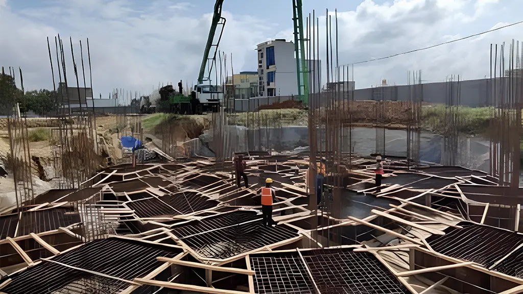 Reinforcement and formwork grid preparation for RCC foundation works